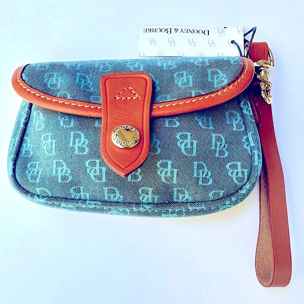 NWT Dooney & Bourke Teal Wristlet with tan leather trim and flap closure